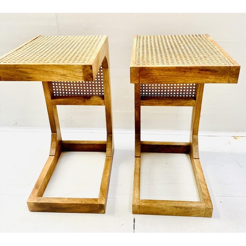 348 - SIDE TABLES, a pair, teak and rattan, 60cm H x 30cm W x 40cm D (2)