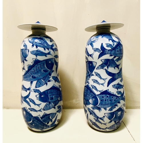 349 - GINGER JARS, a pair, Chinese export style blue and white ceramic with carp decoration, 44cm H x 17cm... 