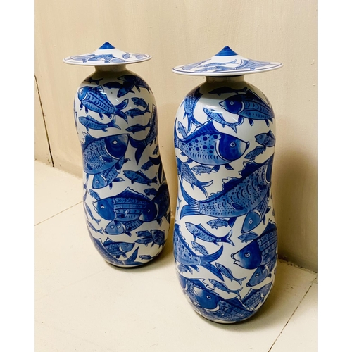 349 - GINGER JARS, a pair, Chinese export style blue and white ceramic with carp decoration, 44cm H x 17cm... 