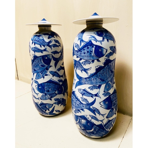 349 - GINGER JARS, a pair, Chinese export style blue and white ceramic with carp decoration, 44cm H x 17cm... 