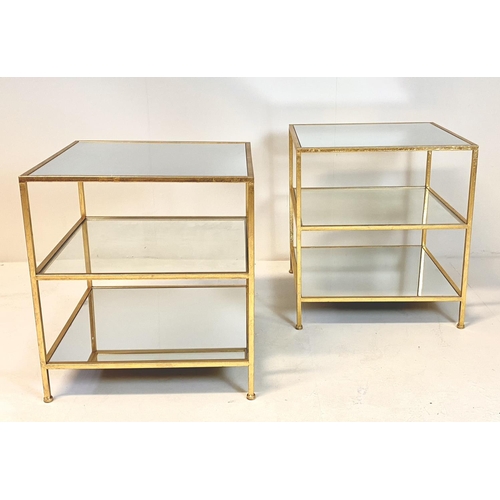 350 - SIDE TABLES, a pair, tiered gilt metal frames with mirrored tops, 56cm H x 51cm W x 51cm D. (2)