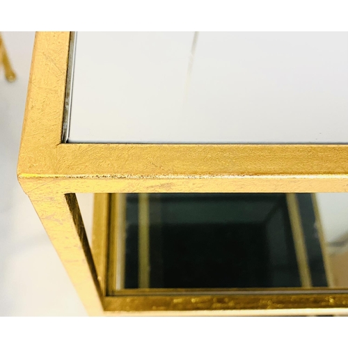 350 - SIDE TABLES, a pair, tiered gilt metal frames with mirrored tops, 56cm H x 51cm W x 51cm D. (2)