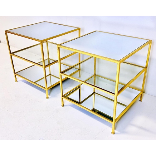 350 - SIDE TABLES, a pair, tiered gilt metal frames with mirrored tops, 56cm H x 51cm W x 51cm D. (2)