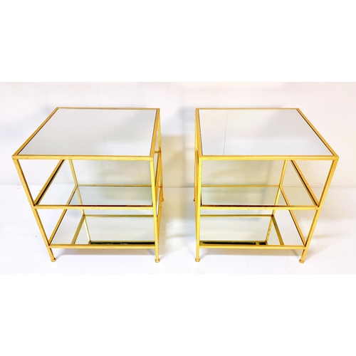 350 - SIDE TABLES, a pair, tiered gilt metal frames with mirrored tops, 56cm H x 51cm W x 51cm D. (2)