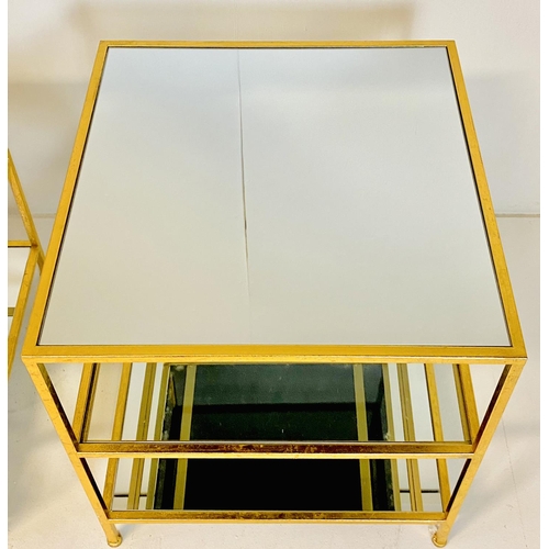 350 - SIDE TABLES, a pair, tiered gilt metal frames with mirrored tops, 56cm H x 51cm W x 51cm D. (2)