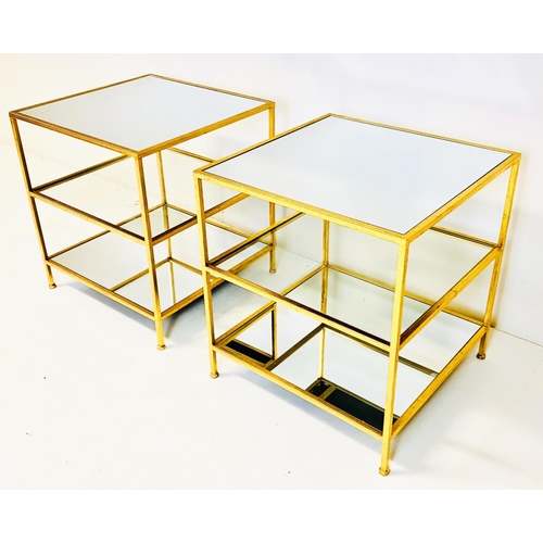 350 - SIDE TABLES, a pair, tiered gilt metal frames with mirrored tops, 56cm H x 51cm W x 51cm D. (2)