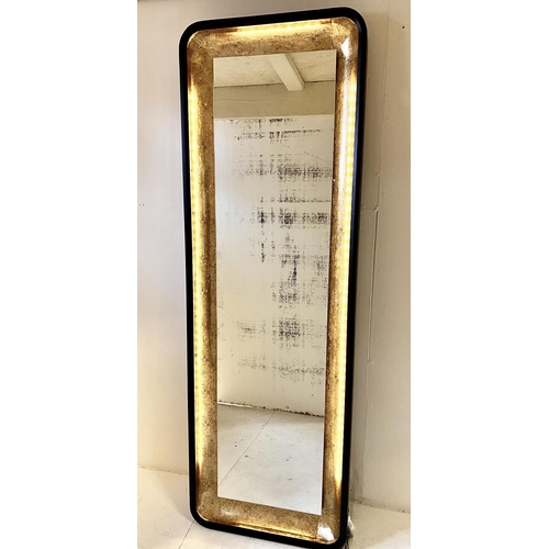 351 - WALL MIRROR, black and gilt frame with light to detail, 180cm H x 60cm W.