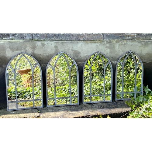 352 - ARCHITECTURAL GARDEN MIRRORS, a set of four, arched metal frames, 60cm H x 38cm W. (4)