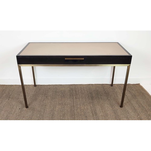 395 - VANITY TABLE, black ash, one drawer, leathered top, metal supports, 135cm x 60cm x 75cm.