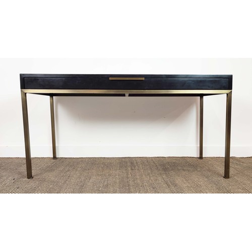 395 - VANITY TABLE, black ash, one drawer, leathered top, metal supports, 135cm x 60cm x 75cm.