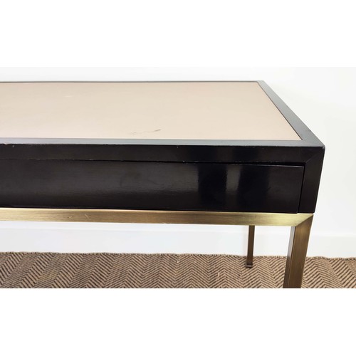 395 - VANITY TABLE, black ash, one drawer, leathered top, metal supports, 135cm x 60cm x 75cm.