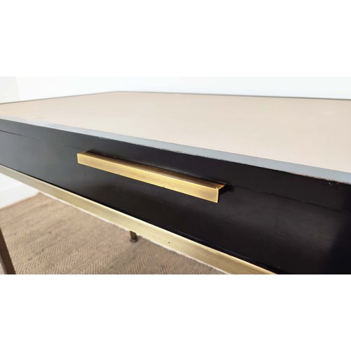 395 - VANITY TABLE, black ash, one drawer, leathered top, metal supports, 135cm x 60cm x 75cm.