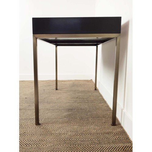 395 - VANITY TABLE, black ash, one drawer, leathered top, metal supports, 135cm x 60cm x 75cm.