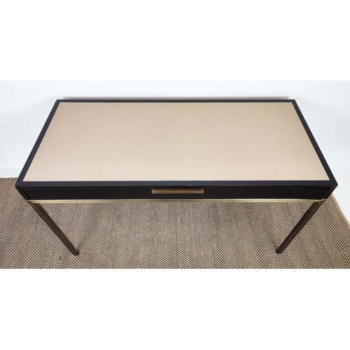 395 - VANITY TABLE, black ash, one drawer, leathered top, metal supports, 135cm x 60cm x 75cm.