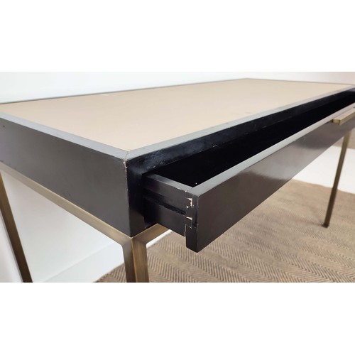 395 - VANITY TABLE, black ash, one drawer, leathered top, metal supports, 135cm x 60cm x 75cm.