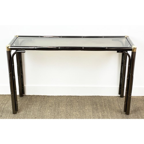 143 - CONSOLE TABLE, Italian 1970s faux bamboo chrome and brass with smoked glass top, 118cm L x 40cm W x ... 