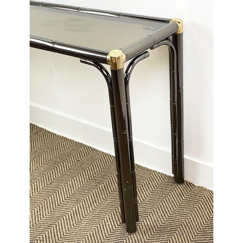 143 - CONSOLE TABLE, Italian 1970s faux bamboo chrome and brass with smoked glass top, 118cm L x 40cm W x ... 