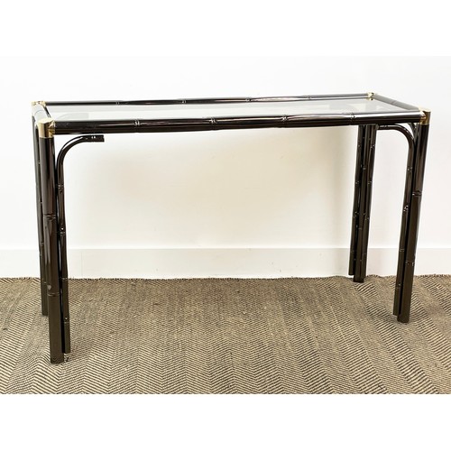 143 - CONSOLE TABLE, Italian 1970s faux bamboo chrome and brass with smoked glass top, 118cm L x 40cm W x ... 