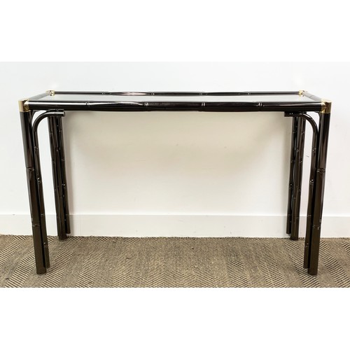 143 - CONSOLE TABLE, Italian 1970s faux bamboo chrome and brass with smoked glass top, 118cm L x 40cm W x ... 