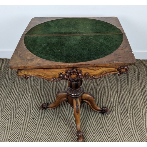 160 - CARD TABLE, mid Victorian burr walnut, with carved detail and green velvet top, 89cm W x 44cm D x 77... 