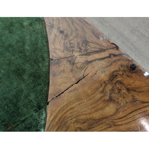 160 - CARD TABLE, mid Victorian burr walnut, with carved detail and green velvet top, 89cm W x 44cm D x 77... 