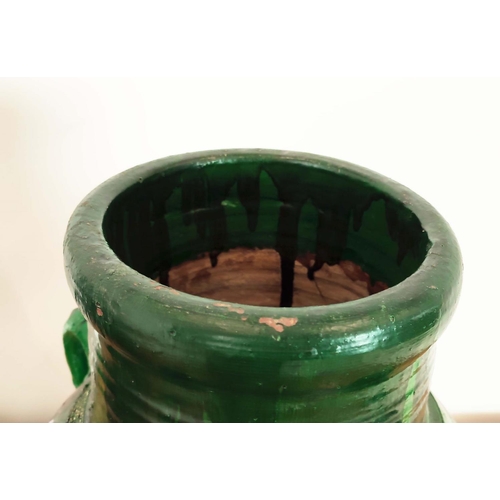 420 - GARDEN URNS, a pair, green glazed terracotta, 58cm H x 35cm W. (2)