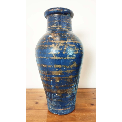 421 - GARDEN URNS, a pair, blue glazed terracotta, 61cm H x 28cm D. (2)