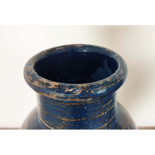 421 - GARDEN URNS, a pair, blue glazed terracotta, 61cm H x 28cm D. (2)