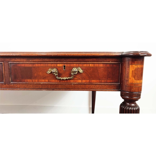 216 - PARTNER'S WRITING TABLE, Regency style mahogany and crossbanded with brown leather top above three d... 