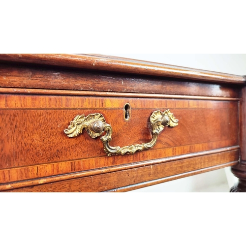 216 - PARTNER'S WRITING TABLE, Regency style mahogany and crossbanded with brown leather top above three d... 