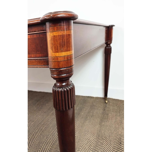 216 - PARTNER'S WRITING TABLE, Regency style mahogany and crossbanded with brown leather top above three d... 