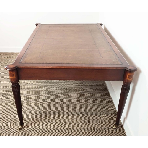 216 - PARTNER'S WRITING TABLE, Regency style mahogany and crossbanded with brown leather top above three d... 