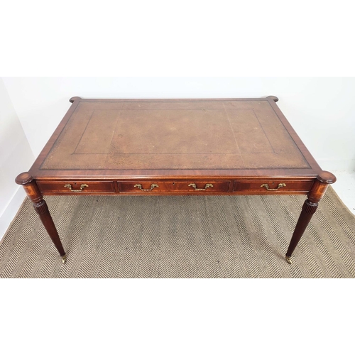 216 - PARTNER'S WRITING TABLE, Regency style mahogany and crossbanded with brown leather top above three d... 