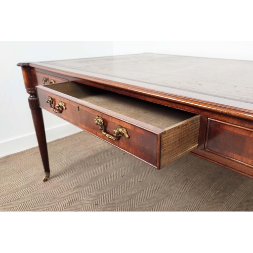 216 - PARTNER'S WRITING TABLE, Regency style mahogany and crossbanded with brown leather top above three d... 