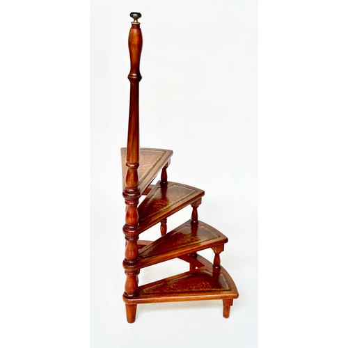 116 - LIBRARY STEPS, Georgian style mahogany with four tooled leather spiral steps and pole, 156cm H.