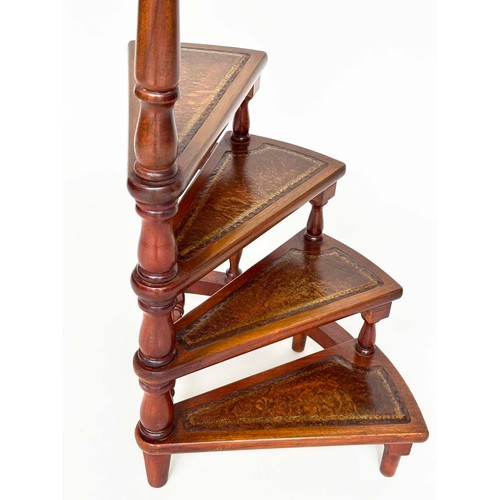 116 - LIBRARY STEPS, Georgian style mahogany with four tooled leather spiral steps and pole, 156cm H.