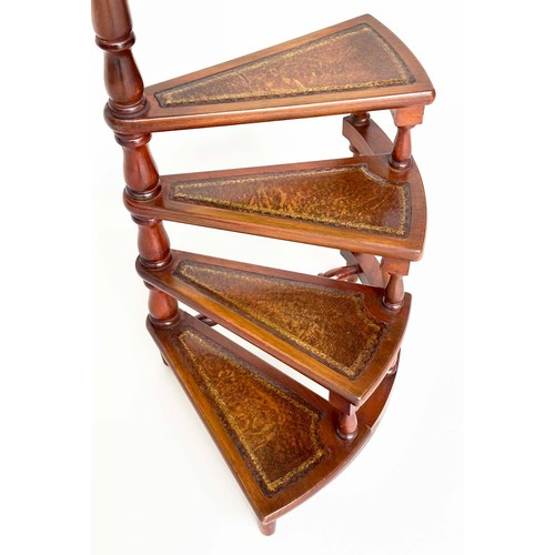 116 - LIBRARY STEPS, Georgian style mahogany with four tooled leather spiral steps and pole, 156cm H.