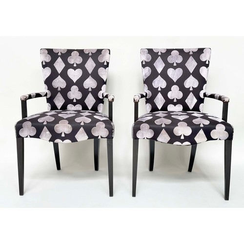 288 - ARMCHAIRS, a pair, printed and cut velvet upholstered playing card motifs, 60cm W. (2)