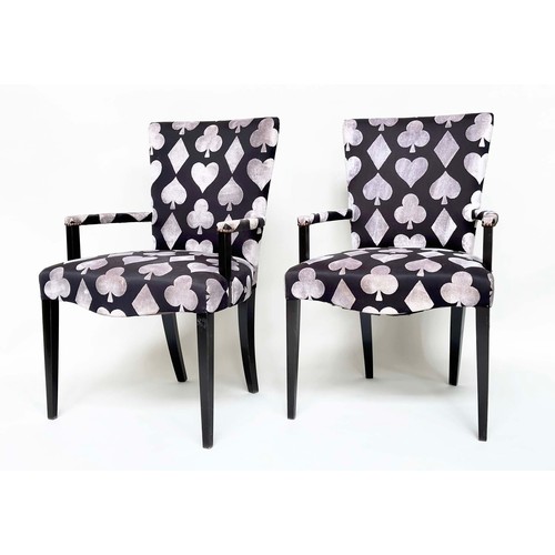 288 - ARMCHAIRS, a pair, printed and cut velvet upholstered playing card motifs, 60cm W. (2)