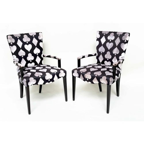 288 - ARMCHAIRS, a pair, printed and cut velvet upholstered playing card motifs, 60cm W. (2)