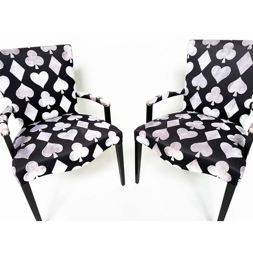 288 - ARMCHAIRS, a pair, printed and cut velvet upholstered playing card motifs, 60cm W. (2)