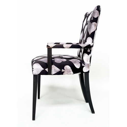 288 - ARMCHAIRS, a pair, printed and cut velvet upholstered playing card motifs, 60cm W. (2)