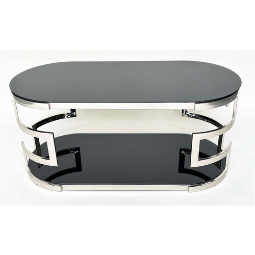 292 - LOW TABLE, oval black glass and chrome with two tiers, 117cm W x 56cm H x 56cm D.