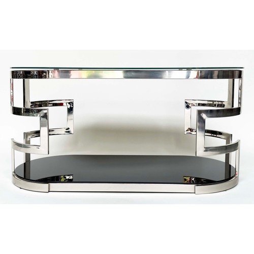 292 - LOW TABLE, oval black glass and chrome with two tiers, 117cm W x 56cm H x 56cm D.