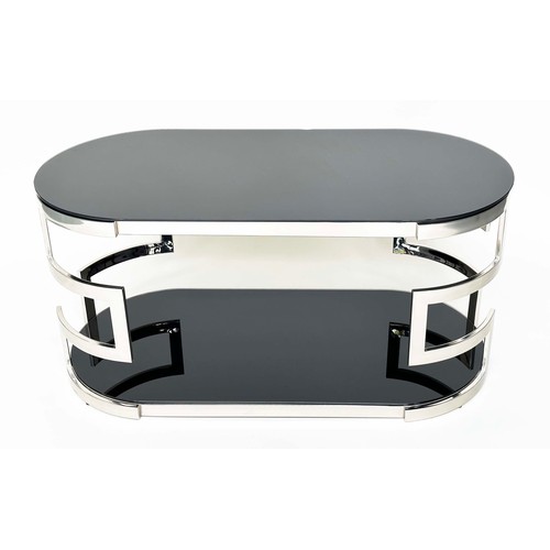 292 - LOW TABLE, oval black glass and chrome with two tiers, 117cm W x 56cm H x 56cm D.