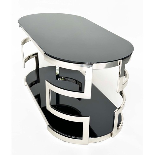 292 - LOW TABLE, oval black glass and chrome with two tiers, 117cm W x 56cm H x 56cm D.