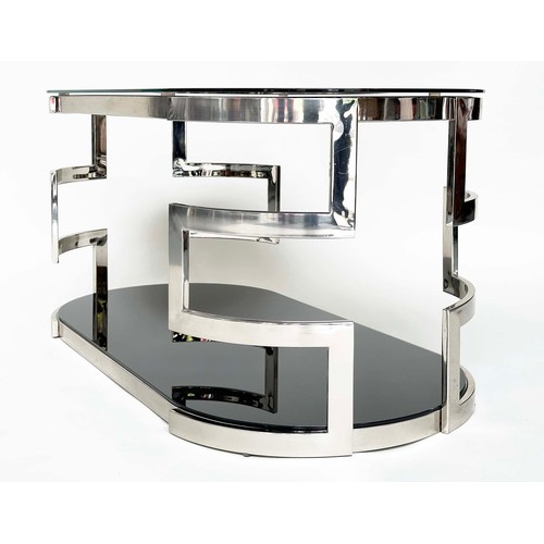 292 - LOW TABLE, oval black glass and chrome with two tiers, 117cm W x 56cm H x 56cm D.