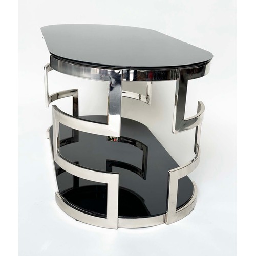 292 - LOW TABLE, oval black glass and chrome with two tiers, 117cm W x 56cm H x 56cm D.