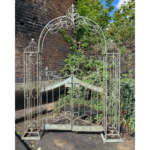 356 - ARCHITECTURAL GARDEN GATE, Regency style, wrought metal in a verdigris finish, 250cm H x 185cm W x 3... 