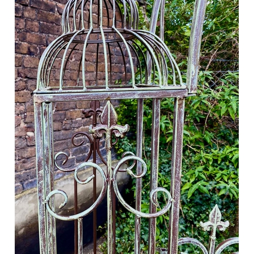 356 - ARCHITECTURAL GARDEN GATE, Regency style, wrought metal in a verdigris finish, 250cm H x 185cm W x 3... 